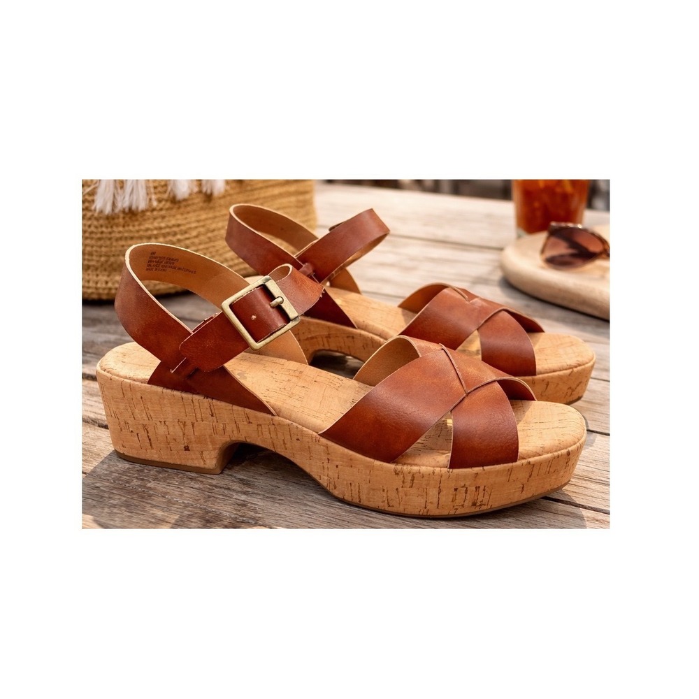 Kork-Ease Brown Leather Cork Wedge Sandals